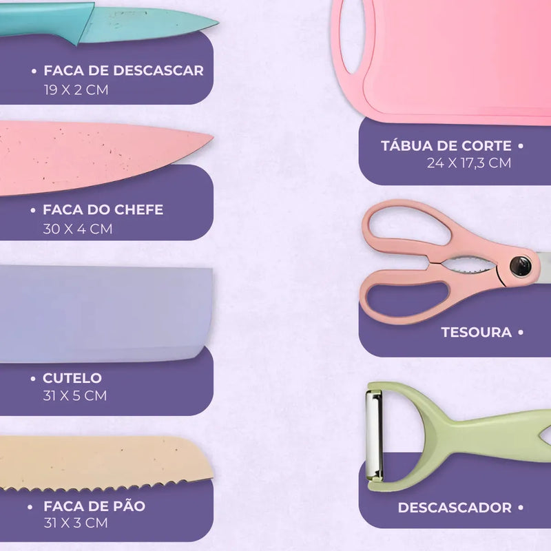 Conjunto de Facas Colorido Aço Inoxidável Multiuso - Mappei